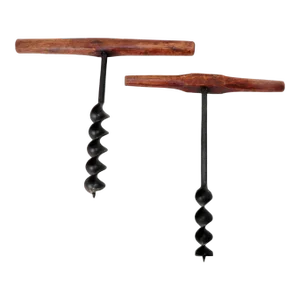 2 Large Antique American Primitive Hand Made Iron & Wood Barn Builders Augers