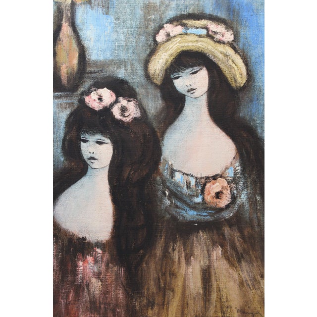 Classic Paul Marigny (1922-1998, French) painting of 2 young ladies with flowers. Oil on canvas Canvas dimensions 24" x...