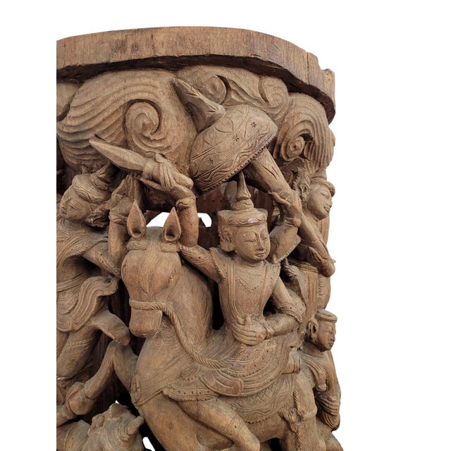 Wood 19th-Century Southeast Asian Hand-Carved Teak Temple Pillar Wrap Sculpture For Sale - Image 7 of 18