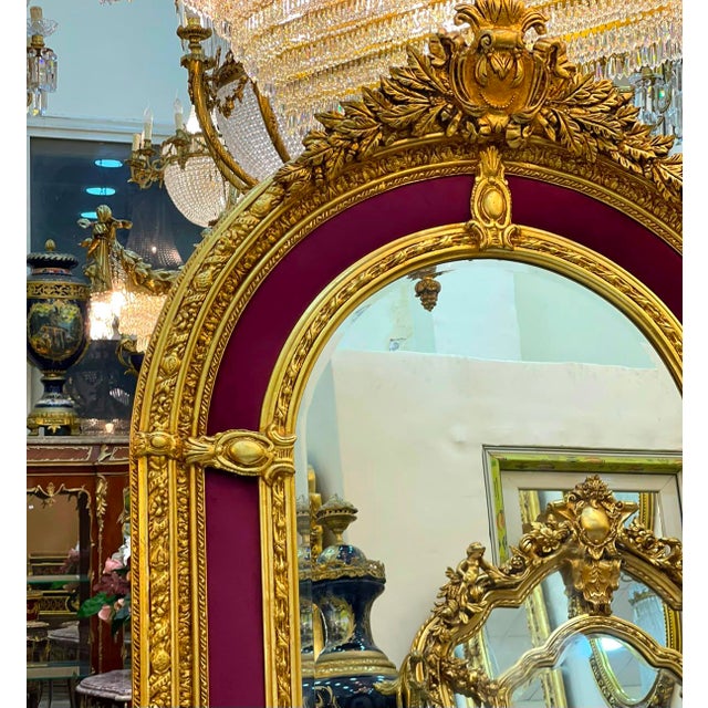 Rococo French Rococo Mirror – Burgundy Velvet Paneling & Ornate Gold Leaf Frame For Sale - Image 3 of 6