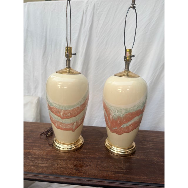 1980s 1980s Postmodern Ceramic Pastel Drip Glaze Table Lamps - A Pair For Sale - Image 5 of 12