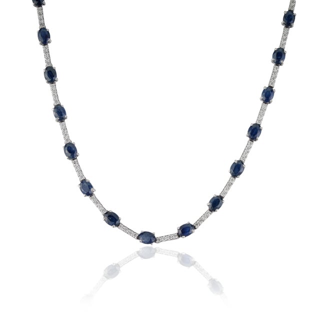 Certified 14k White Gold Natural 10.52ct Blue Sapphire & Diamond Tennis Necklace For Sale - Image 4 of 15