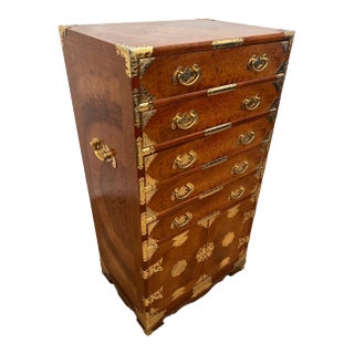 Vintage Korean Elm Burl Brass Bound Bandaji Scholars Chest Wedding Cabinet Felt For Sale
