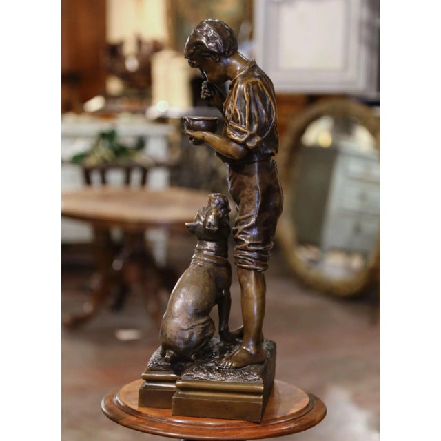 Early 20th C. Belgian Patinated Spelter Sculpture of Boy Feeding Dog by Rousseau For Sale - Image 9 of 12