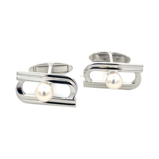 1990s Mikimoto Estate Akoya Pearl Cufflinks Silver, 2 Pieces For Sale In New York - Image 6 of 8