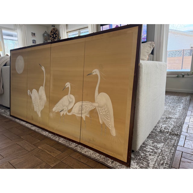 White Japanese Four-Panel Screen (Byōbu) Featuring White Cranes and a Full Moon For Sale - Image 8 of 8
