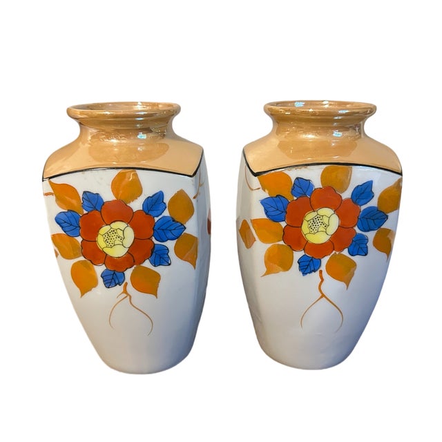 Japanese Vintage 1930s Japaneses Hand Painted Floral Lusterware Vases - A Pair For Sale - Image 3 of 5