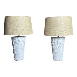 Vintage Table Lamps in Plaster and Rattan, 1980s, Set of 2 For Sale