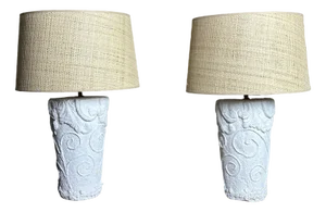 Vintage Table Lamps in Plaster and Rattan, 1980s, Set of 2