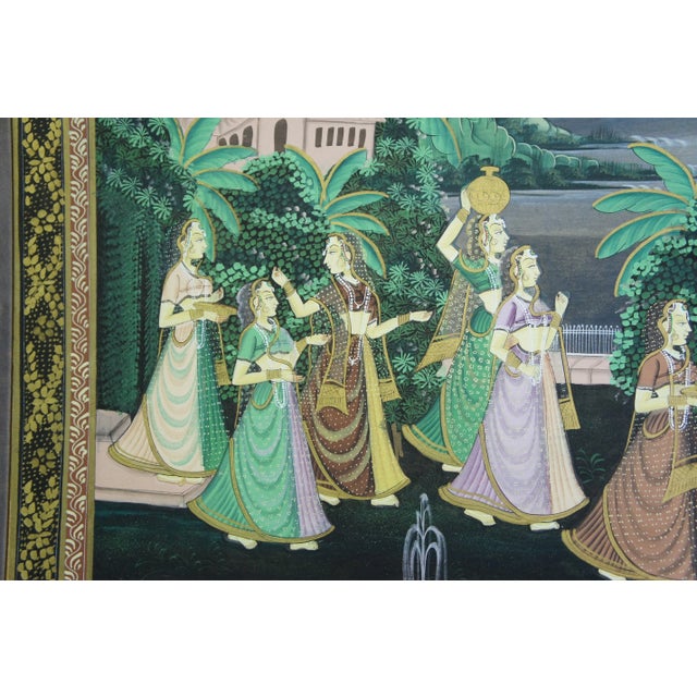 Monumental Indian Pichhwai Radha Krishna Gopis Painting Silk Garden Peacock 68" For Sale - Image 11 of 13