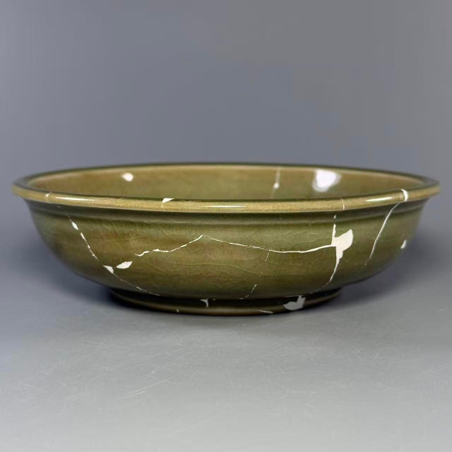 16th Century Antique Chinese Longquan Celadon Plate With Twin Fish Relief, Restored For Sale - Image 5 of 8