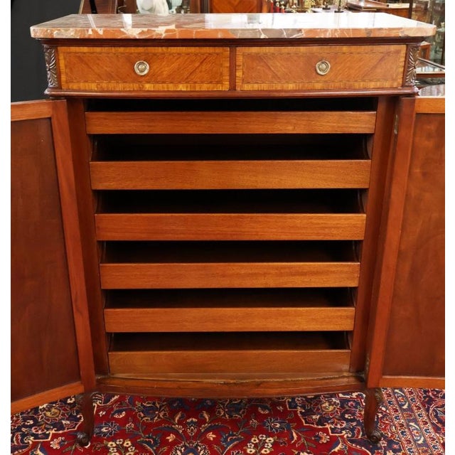 French Louis XV Style Walnut Inlaid Marble Top Dresser High Chest Circa 1920's For Sale - Image 10 of 18