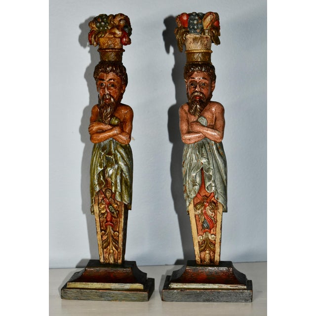 Antique (Late 19th Century) Pair of Architectural Figures have a Venetian Style. Made of Wood. Carved Wood and Painted....