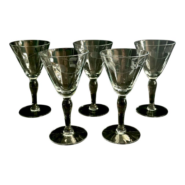 Vintage Etched Cordial Glasses – Set of 5 | Elegant Stemware With Floral Etched Design For Sale