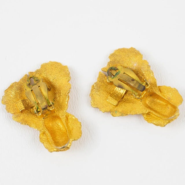 Kenzo Paris Gilt Metal Iris Flower Pair of Clip Earrings For Sale - Image 4 of 6