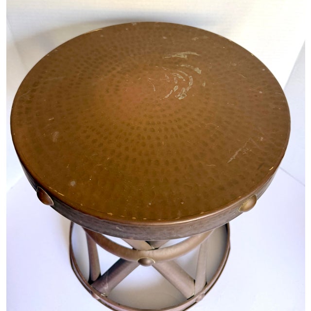 Moroccan Vintage Hammered Brass X-Form Drum Stool With Riveted Details For Sale - Image 3 of 11