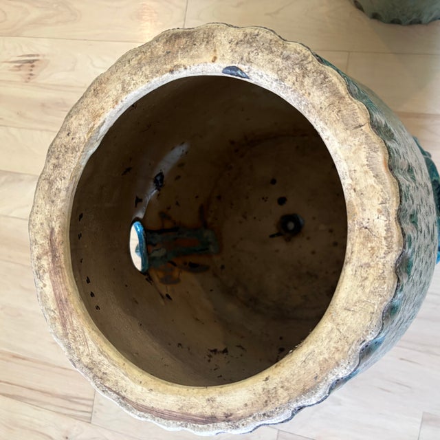 Teal Curated Designer Set of 3 Large Teal Drip-Glazed Chinese Ceramic Garden Stools With Raised Garland Motif For Sale - Image 8 of 12