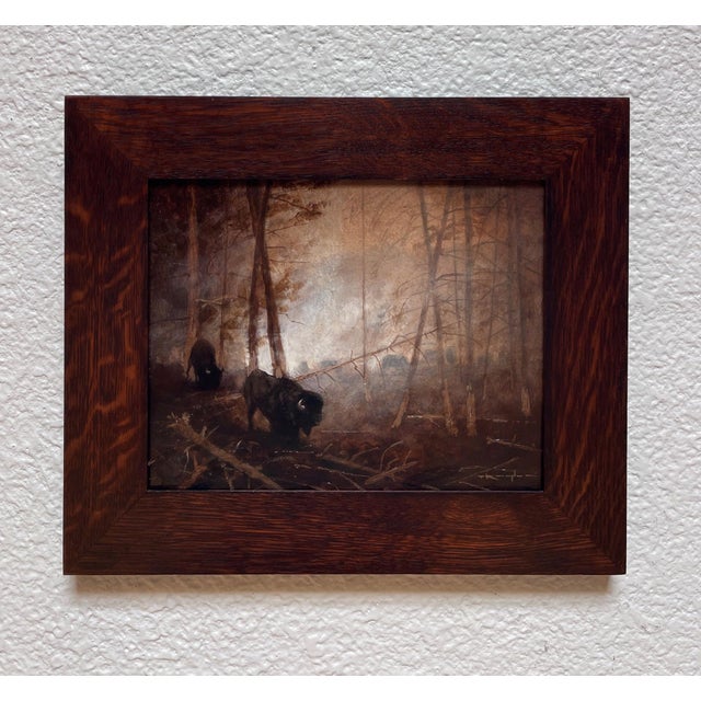 In "Veiled Guardians," a serene forest scene unfolds, where bison navigate through a misty landscape, their forms...