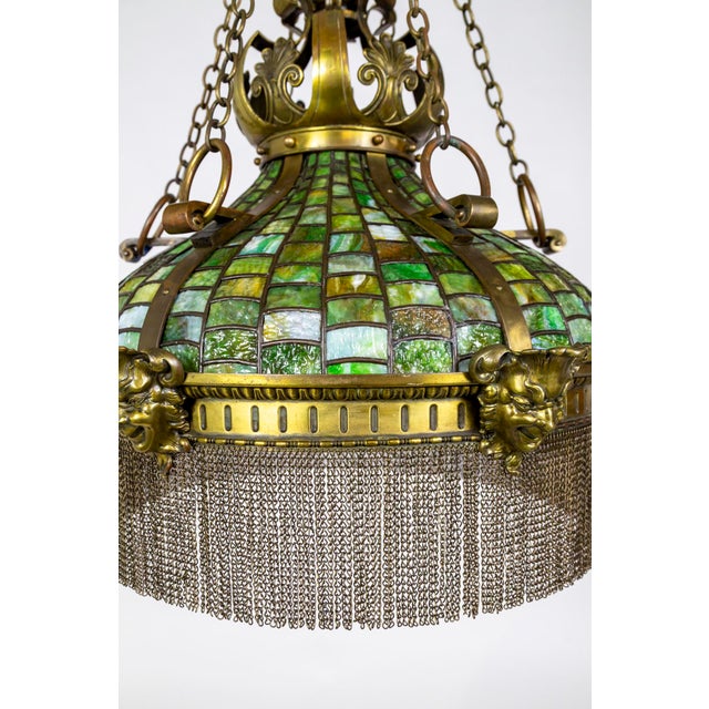 19th Century Victorian Art Nouveau Green Slag Glass & Brass Mascaron Pendant Light With Chain Fringe For Sale - Image 11 of 13