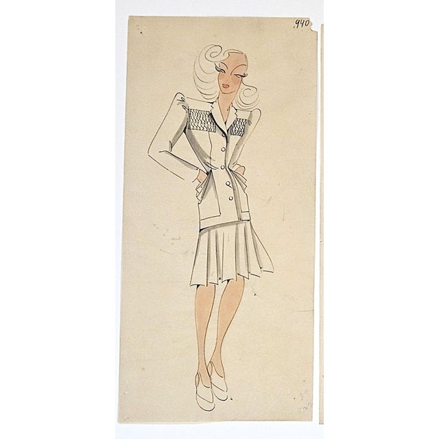 1940s=Set of 4-Original Mid-Century French Fashion Drawings on Vellum For Sale - Image 4 of 7