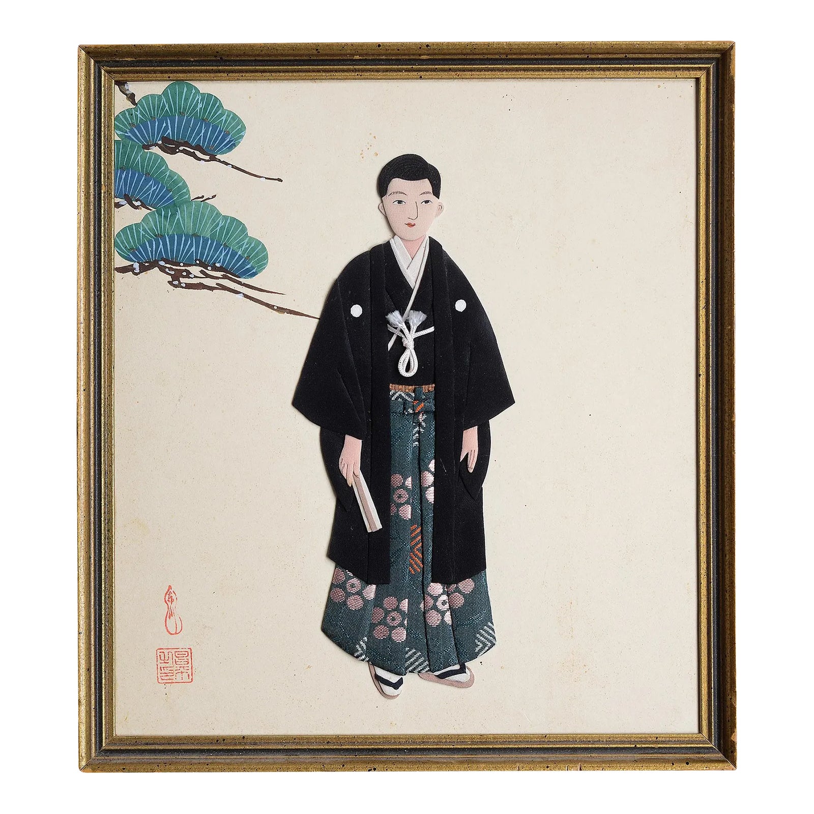 Vintage Framed Japanese Oshie Pressed Textile Art of Young