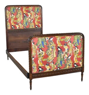 Antique French Carved Walnut and Upholstered Twin Bed With Asian Figural Fabric