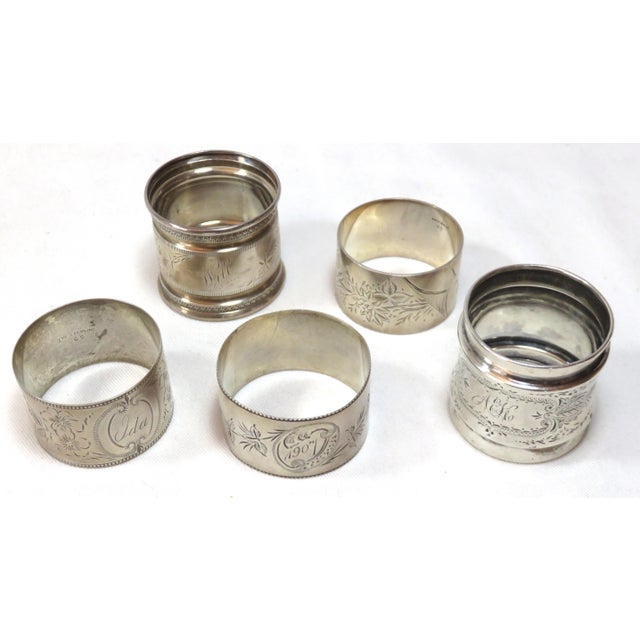 Silver Set of 5 Antique Sterling Silver Napkin Rings With Engraved Names Ida - Will & Dorothy For Sale - Image 8 of 13