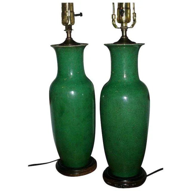 Ceramic 19th Century Chinese Monochrome Porcelain Green Baluster Shaped Vases as Lamps - a Pair For Sale - Image 7 of 7