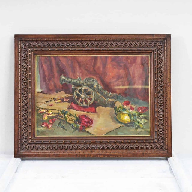 Puggioli, Antique Cannon, 1950s, Oil Painting For Sale - Image 8 of 8