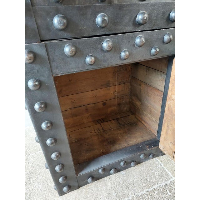 Black Antique French Wrought Iron Over Wood Hobnail Safe For Sale - Image 8 of 16