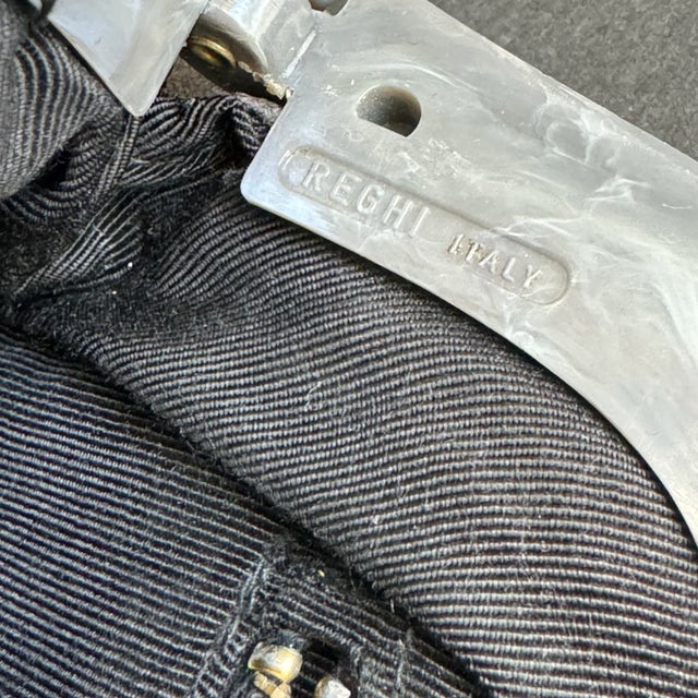 Charcoal Vintage Italian Suede Clutch Purse Snakeskin Patchwork Leather Bag Gray Bakelite Style Closure Reghi Italy For Sale - Image 8 of 11