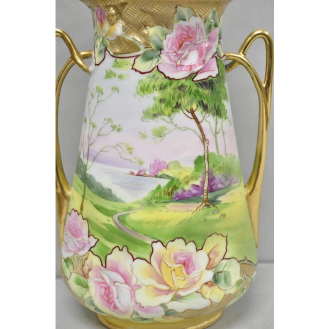 Antique Nippon Hand Painted Porcelain Twin Handle Vase W /Flowers & Lake Scene For Sale - Image 4 of 15