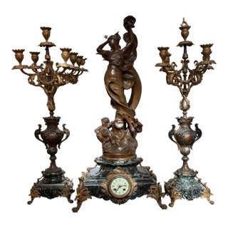 Antique French Bronze & Marble Art Nouveau Clock Set - La Nuit Madrassi For Sale