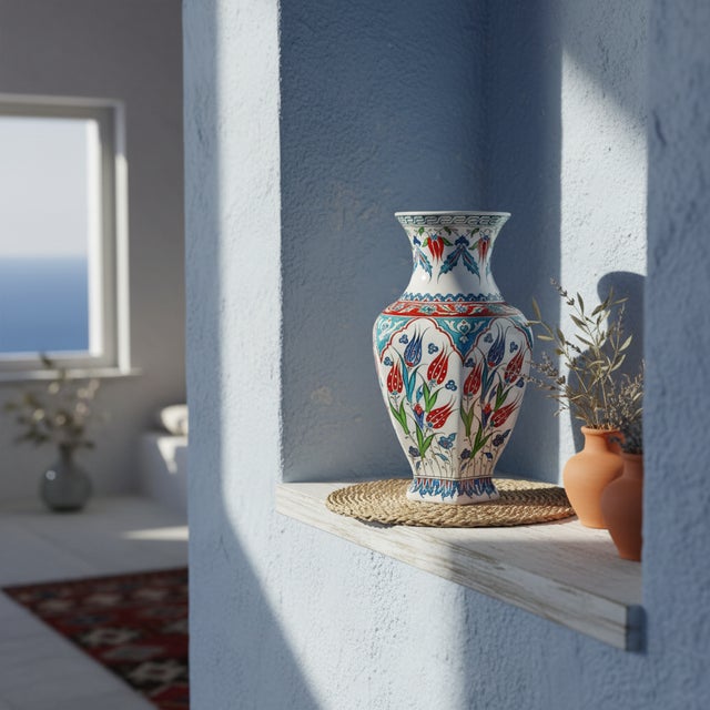 The Garden Window This Handmade Ceramic Iznik Vase combines the fluidity of nature with the rigidity of geometric lines....