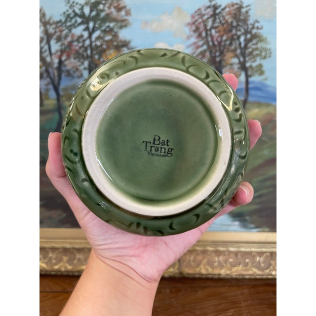 1970s Vintage Bat Trang Vietnam Hand-Painted Ceramic Bowl With Green Relief Glaze and Floral Interior Design. For Sale - Image 5 of 8