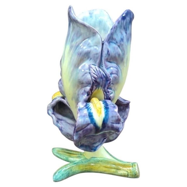 Majolica iris vase Massier unsigned of the end of 19th century. Art Nouveau period. Height / 9 inches.