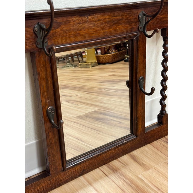 Antique English Oak Hall Tree Mirror With Barley Twist Hooks C 1900 For Sale In Kansas City - Image 6 of 7