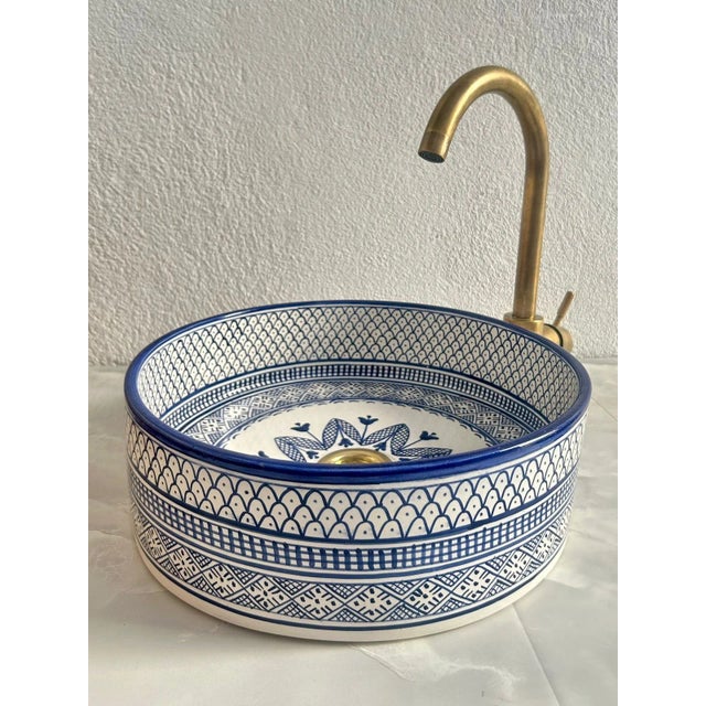 Not Yet Made - Made To Order Navy Blue Vessel Sink for Bathroom, Handmade Ceramic Basin With Brass Drain For Sale - Image 5 of 8