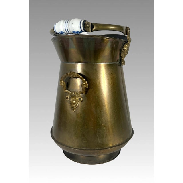 Brass Tall Brass Coal Scuttle With Blue and White Delft Porcelain Handle and Brass Lion Head Accents For Sale - Image 8 of 11