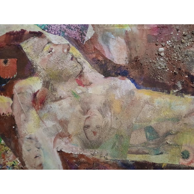 The piece weaves muted creams, sandy yellows, rusted browns, soft pinks, and shadowy purples into a richly layered...