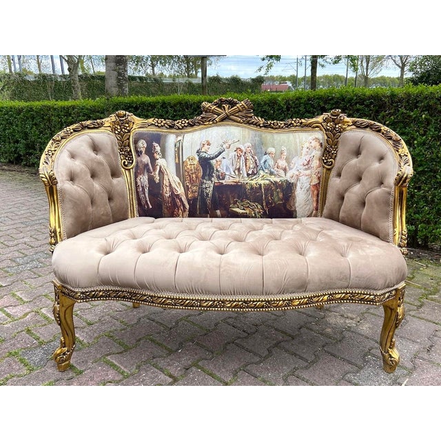1970s French Louis XVI Tan Velvet Gilt Beech Settee For Sale - Image 12 of 17