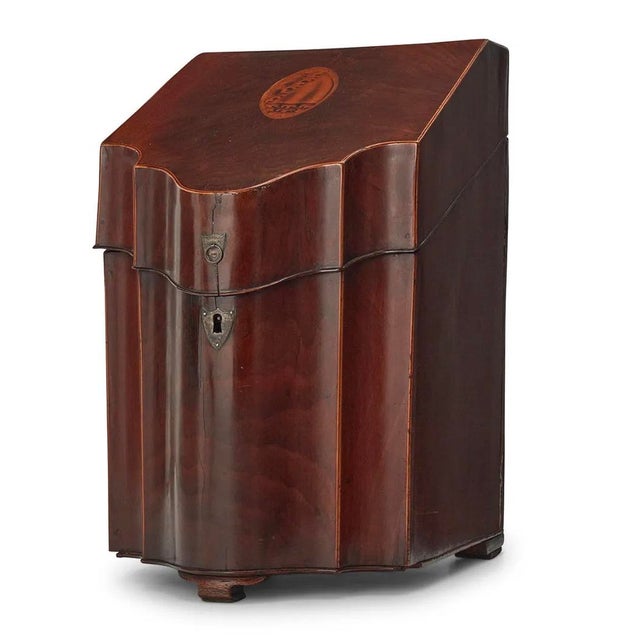 Antique George III Inlaid Mahogany Knife Box Tantalus Decanter Set. Provenance: Joanna Carson Estate