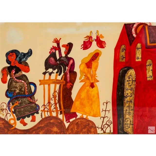 Original vintage gouache painting on poster board by Emma Heinzelmann (Hungarian, born 1930). Hungarian Peasant art,...