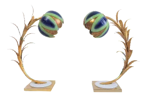 French Brass and Ceramic Floral Table Lamps, 1960s, Set of 2