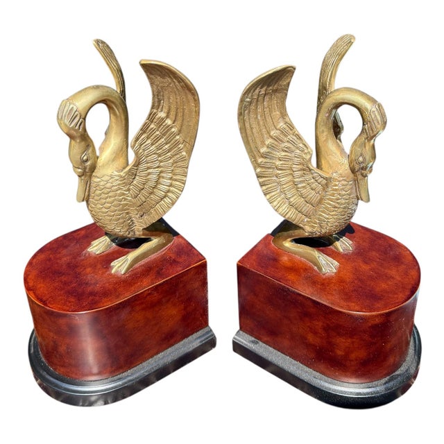 20th-C. Italian Neo-Classical Style Brass Swan and Faux Burl Bookends Att. Borghese - Pair For Sale In Atlanta - Image 6 of 6