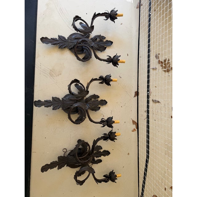Black 1990s 2 Light Iron Leaf Motif Sconce For Sale - Image 8 of 8
