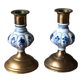1960s Vintage Delft Ceramic Over Brass Candlestick Holders in Blue and White-A Pair For Sale