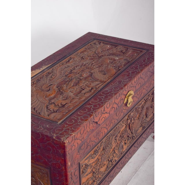 Wood Antique Painted Oriental Carved Chest For Sale - Image 7 of 14