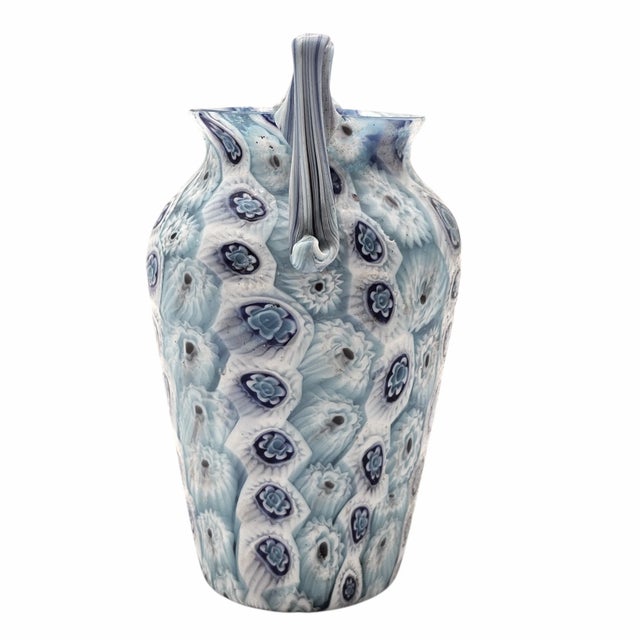 Art Deco Fratelli Toso Murano Italy Art Glass Millefiori Murrine Handled Vase Blue 6" For Sale - Image 3 of 8