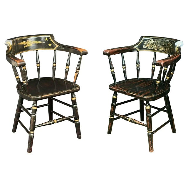 American Ebonized Captain's Chair With Federal Style Fruitful Bounty Basket For Sale - Image 16 of 16